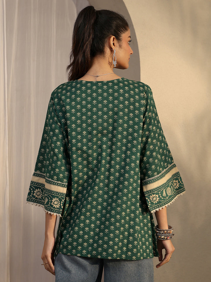 Green Printed Cotton A-Line Short Kurti