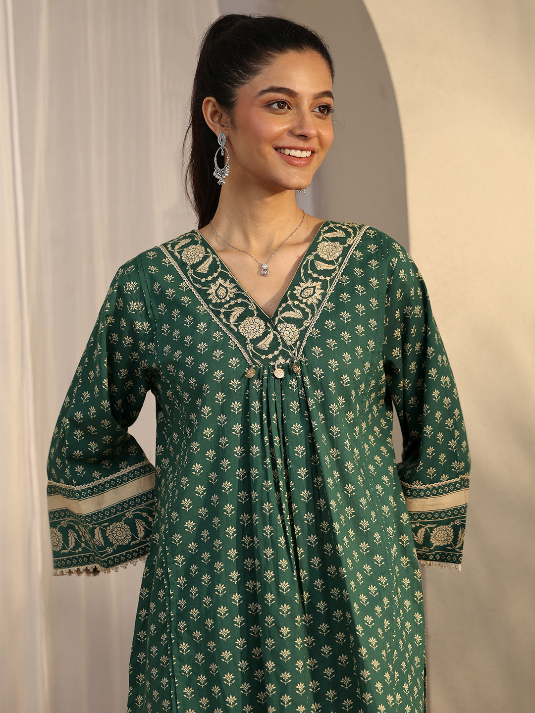 Green Printed Cotton A-Line Short Kurti