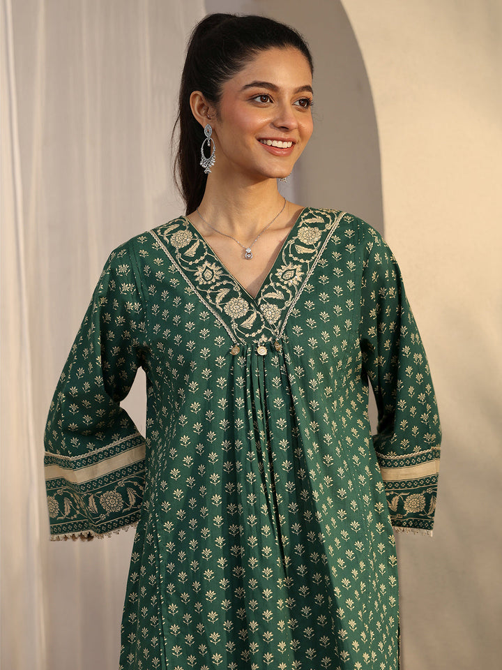 Green Printed Cotton A-Line Short Kurti