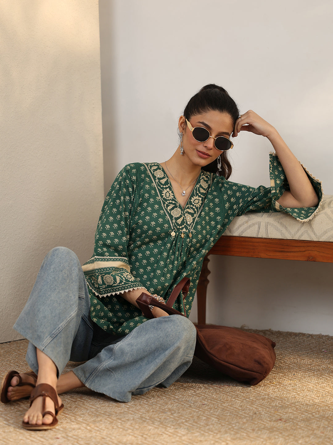 Green Printed Cotton A-Line Short Kurti