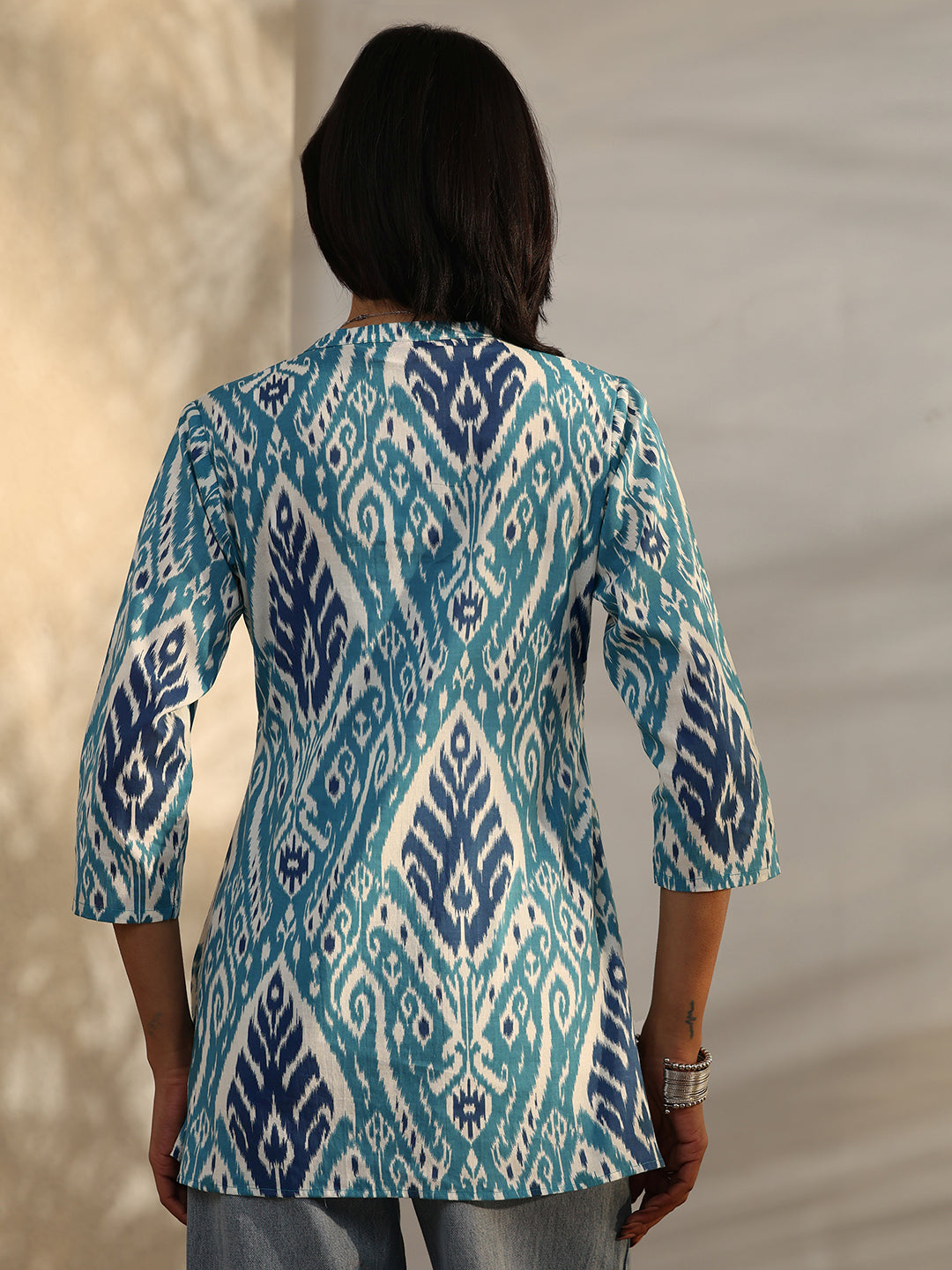 Blue Block Printed Cotton Straight Short Kurti
