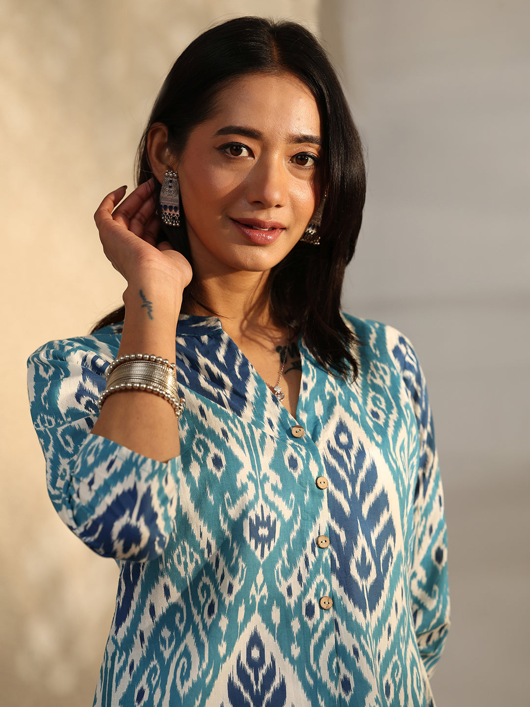 Blue Block Printed Cotton Straight Short Kurti