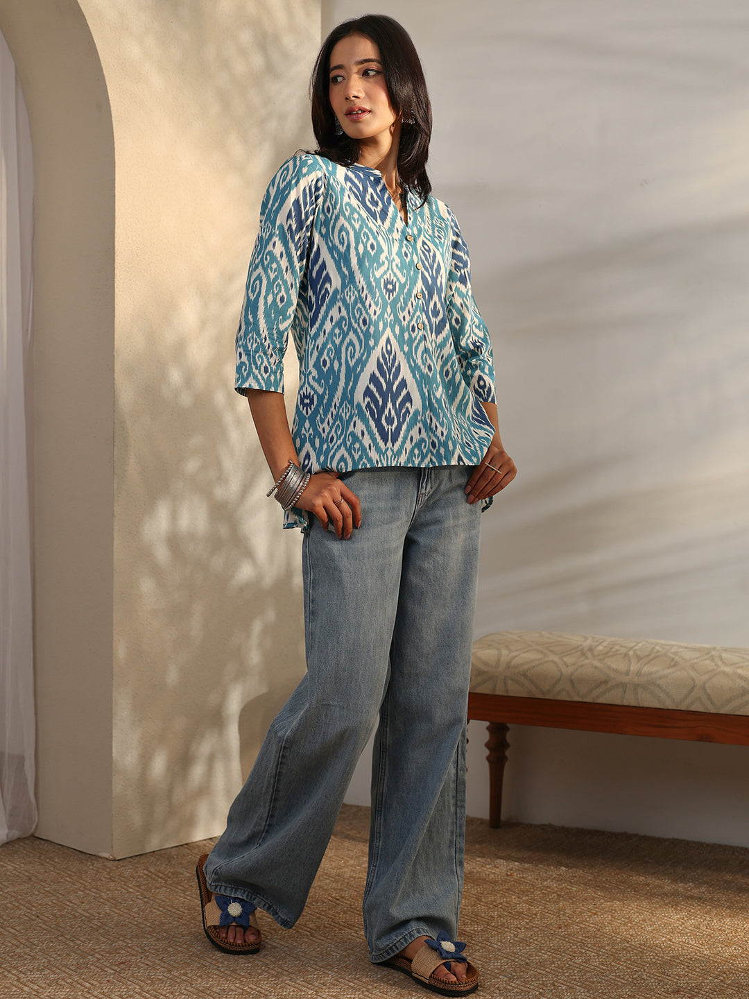 Blue Block Printed Cotton Straight Short Kurti