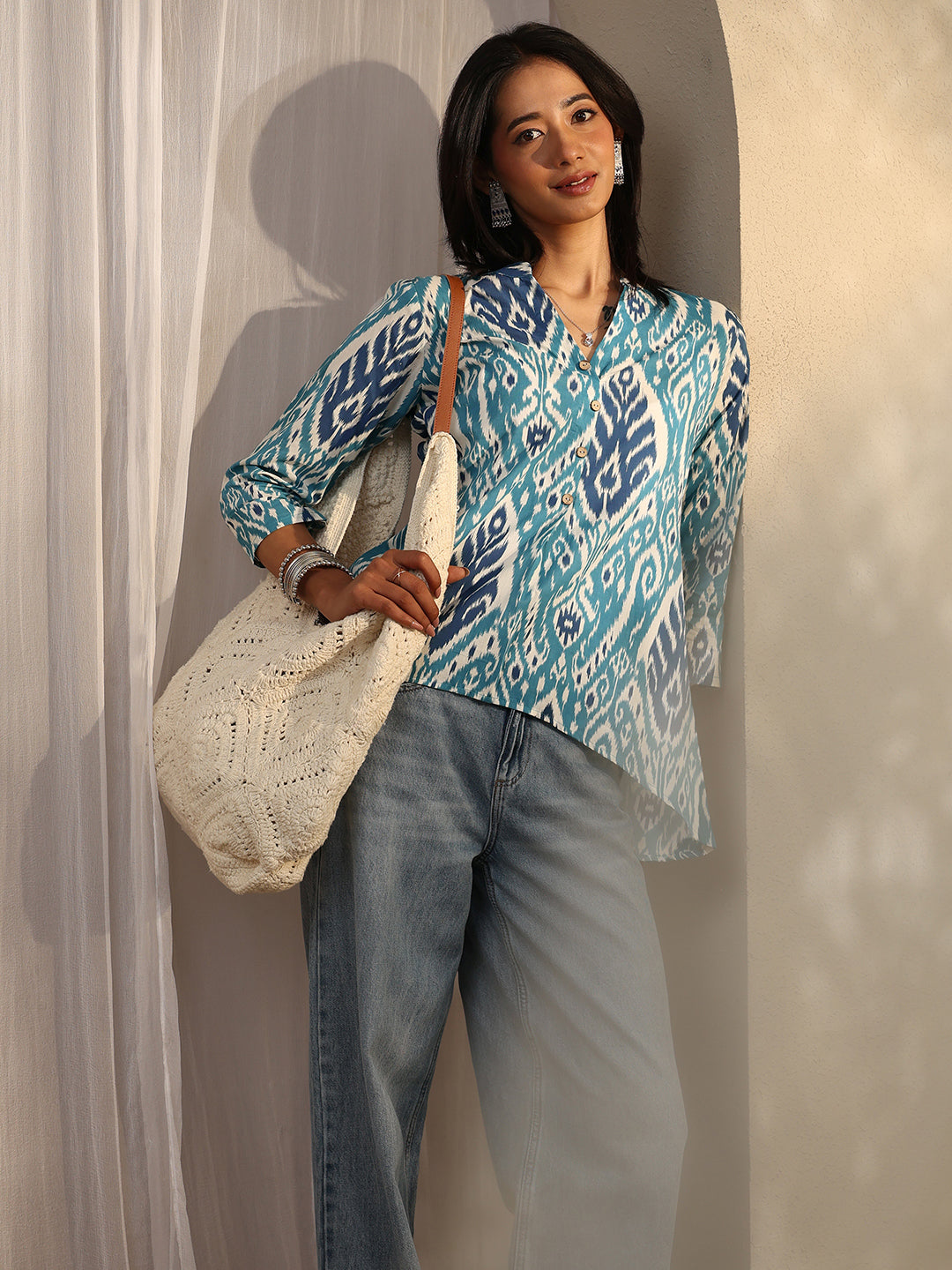 Blue Block Printed Cotton Straight Short Kurti