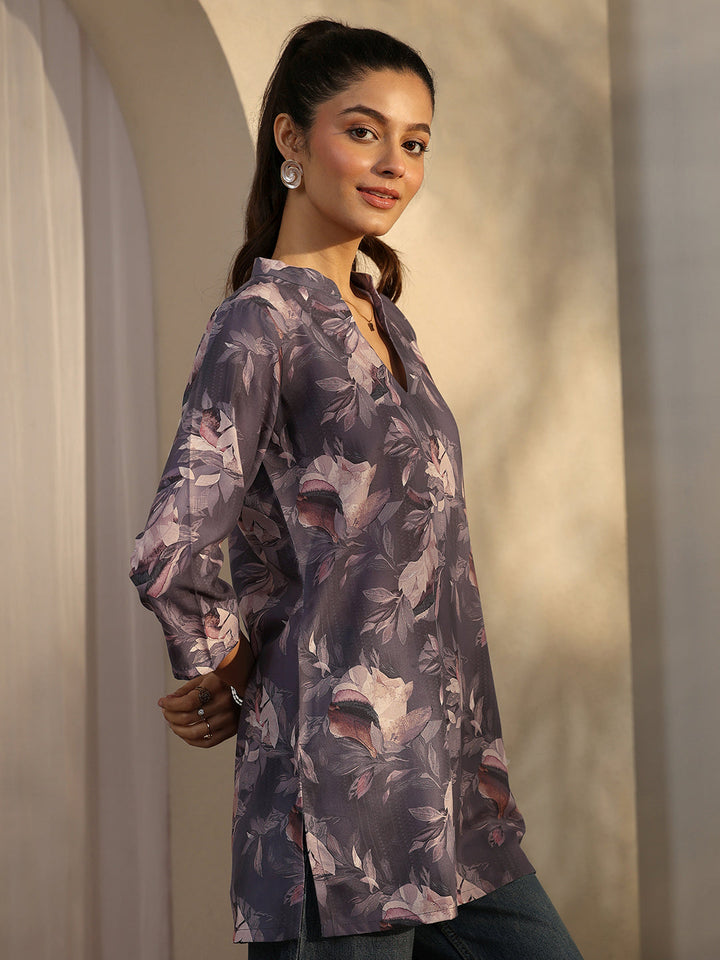 Mauve Printed Cotton Blend Straight Short Kurti