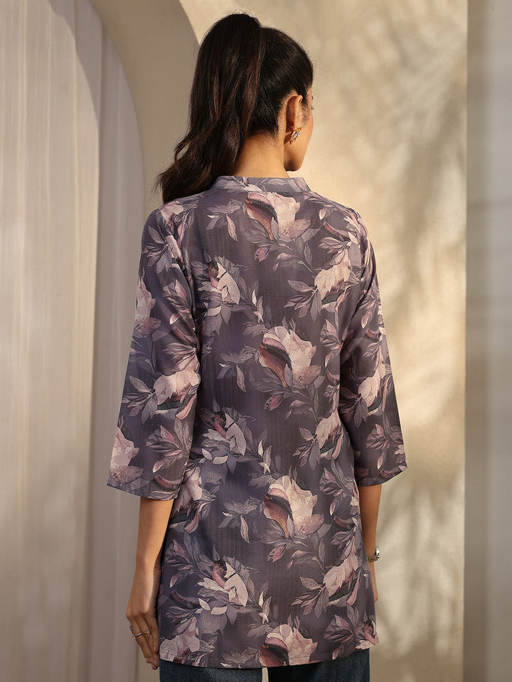 Mauve Printed Cotton Blend Straight Short Kurti