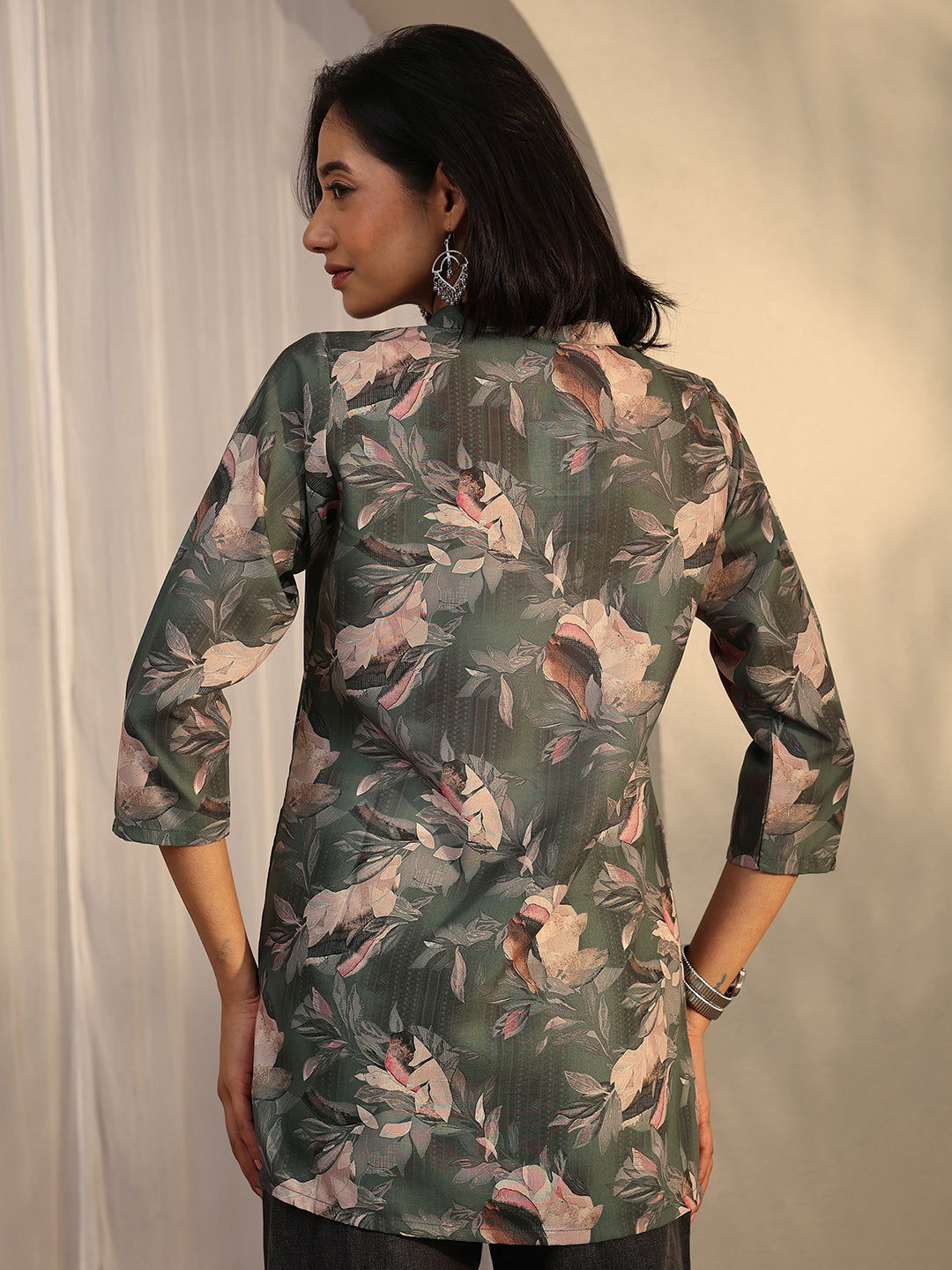 Green Printed Cotton Blend Straight Short Kurti