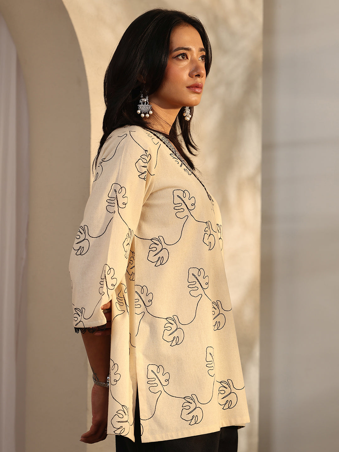Off White Printed Cotton Straight Short Kurti