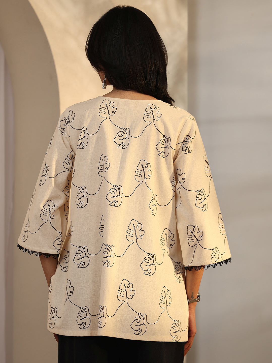 Off White Printed Cotton Straight Short Kurti