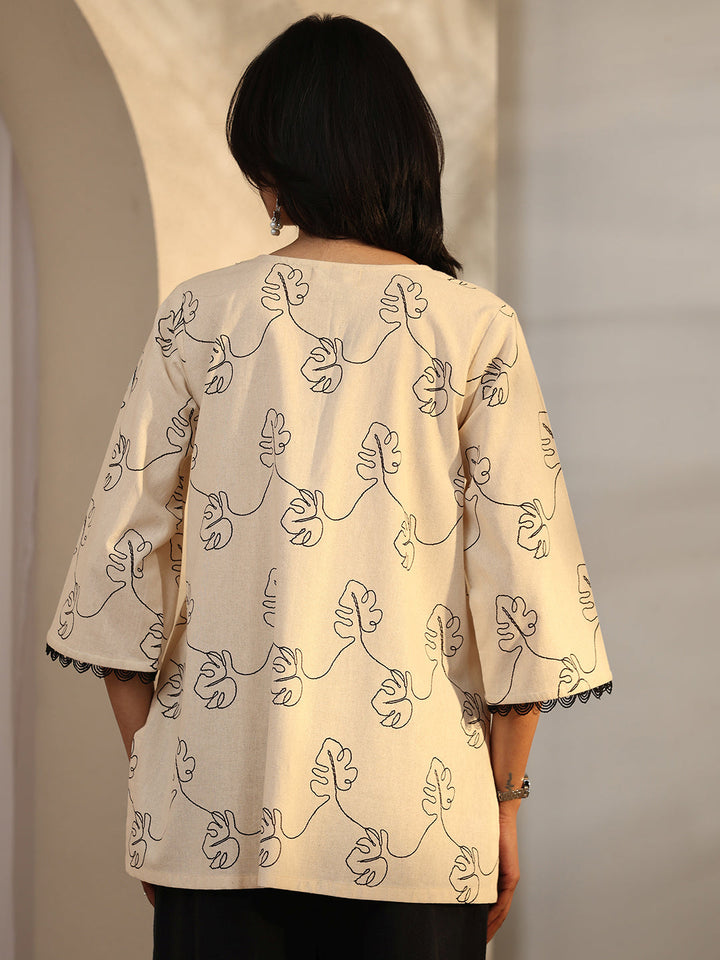 Off White Printed Cotton Straight Short Kurti