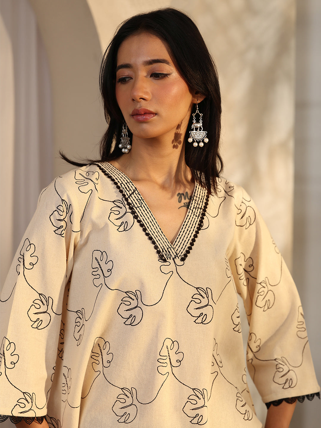 Off White Printed Cotton Straight Short Kurti