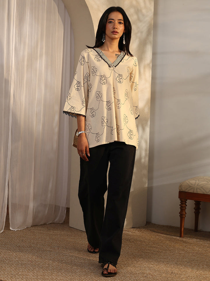 Off White Printed Cotton Straight Short Kurti