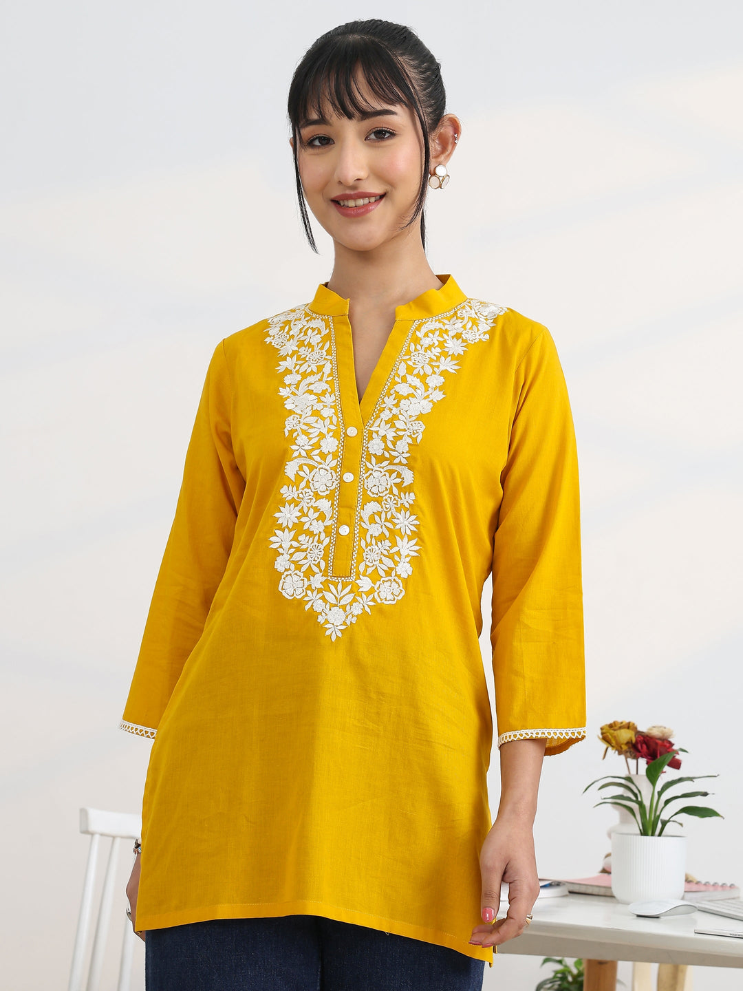 Yellow Yoke Design Cotton Straight Short Kurti