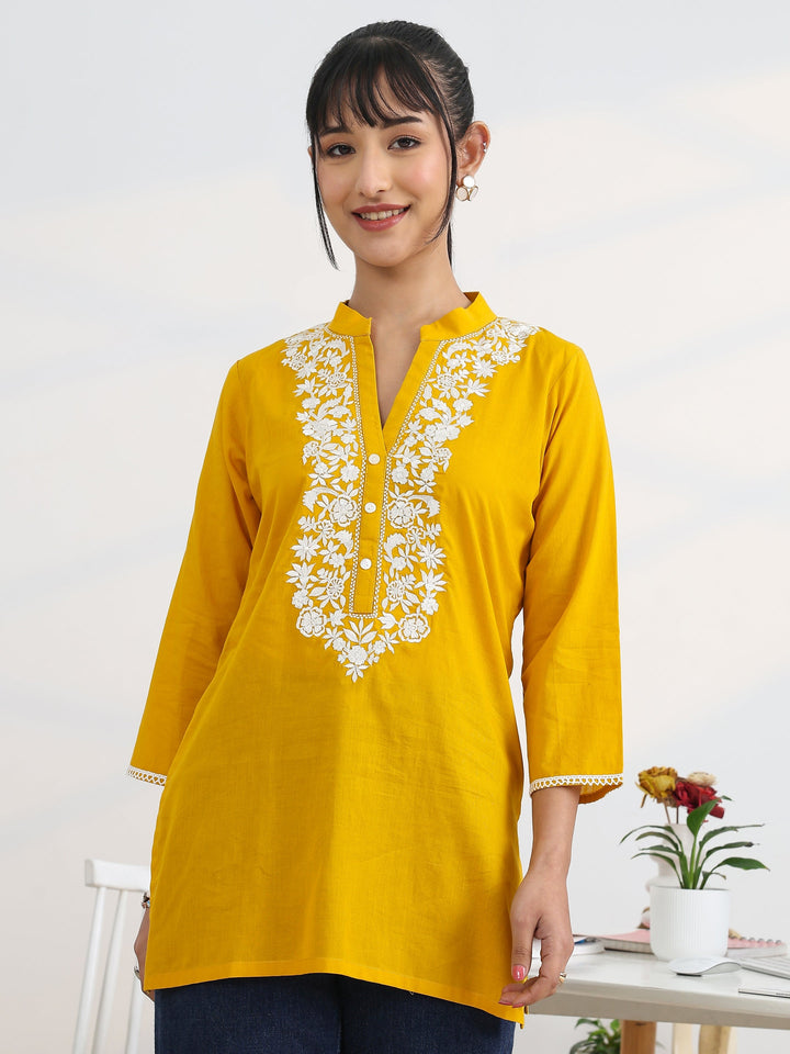 Yellow Yoke Design Cotton Straight Short Kurti
