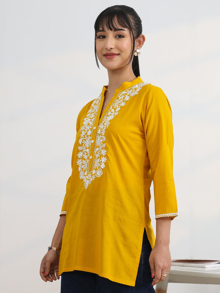 Yellow Yoke Design Cotton Straight Short Kurti