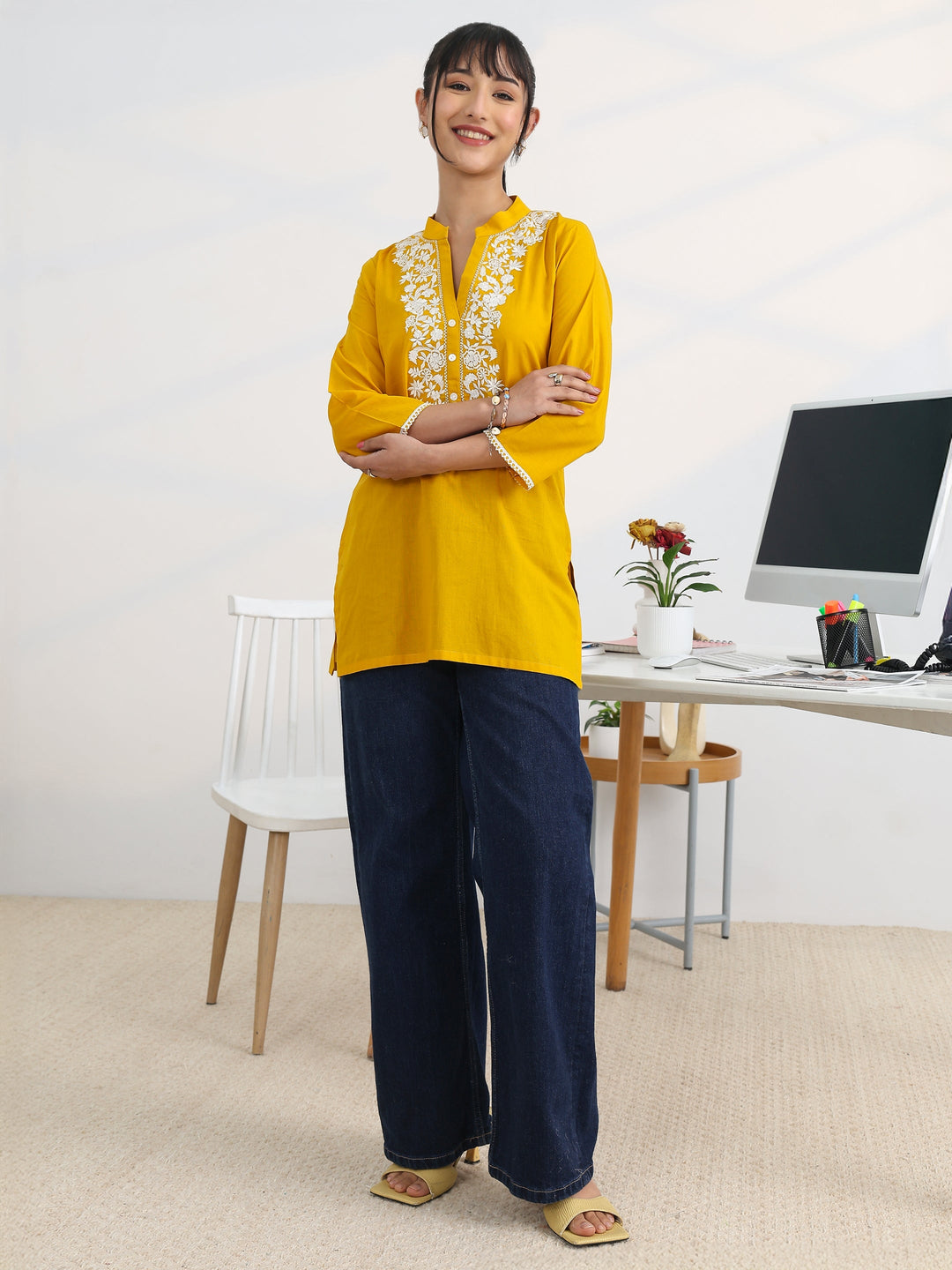 Yellow Yoke Design Cotton Straight Short Kurti