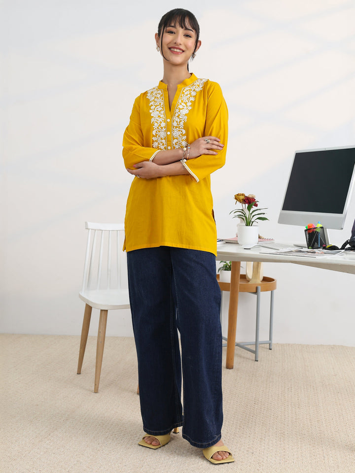 Yellow Yoke Design Cotton Straight Short Kurti