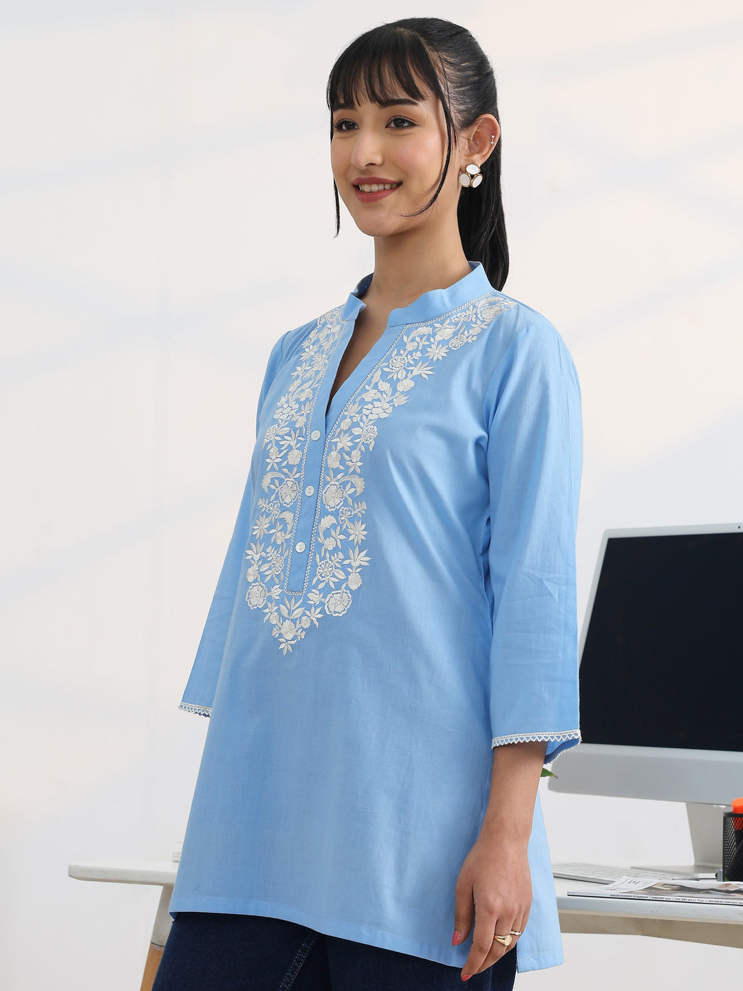 Blue Yoke Design Cotton Straight Short Kurti