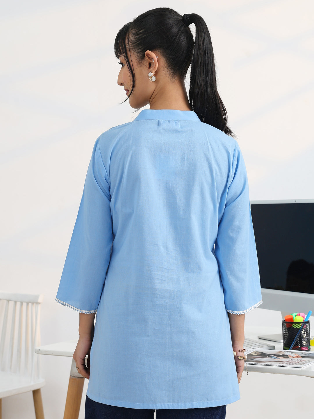 Blue Yoke Design Cotton Straight Short Kurti