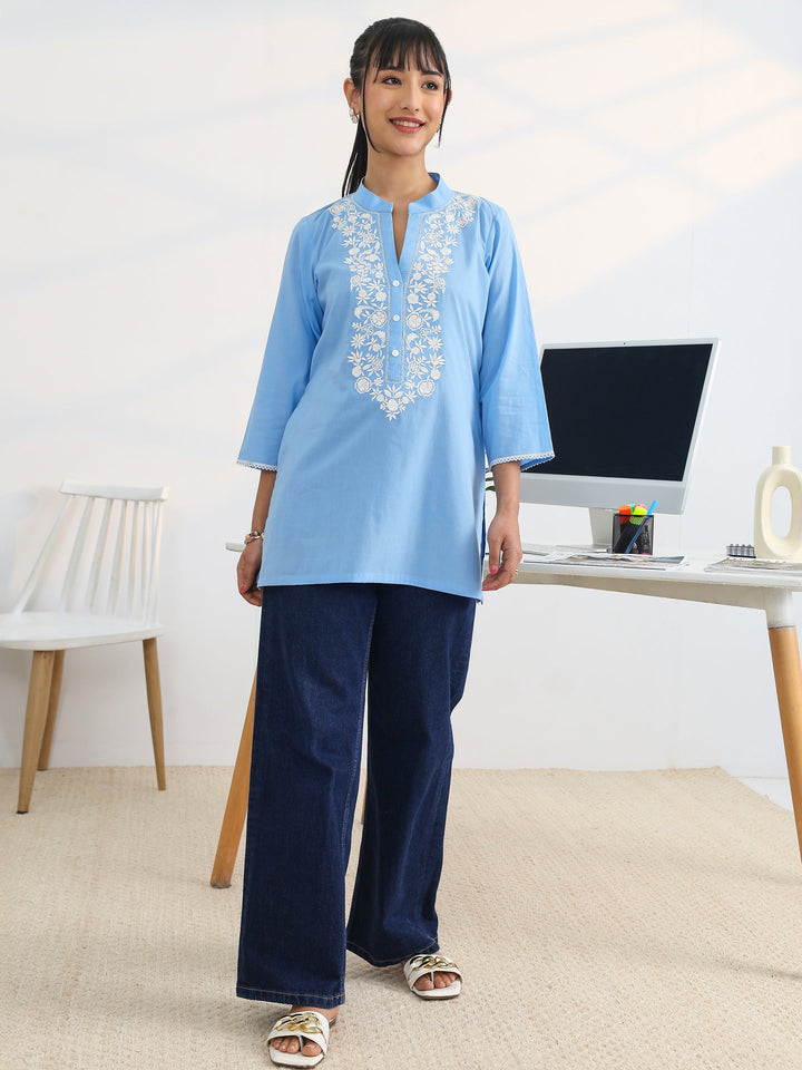 Blue Yoke Design Cotton Straight Short Kurti