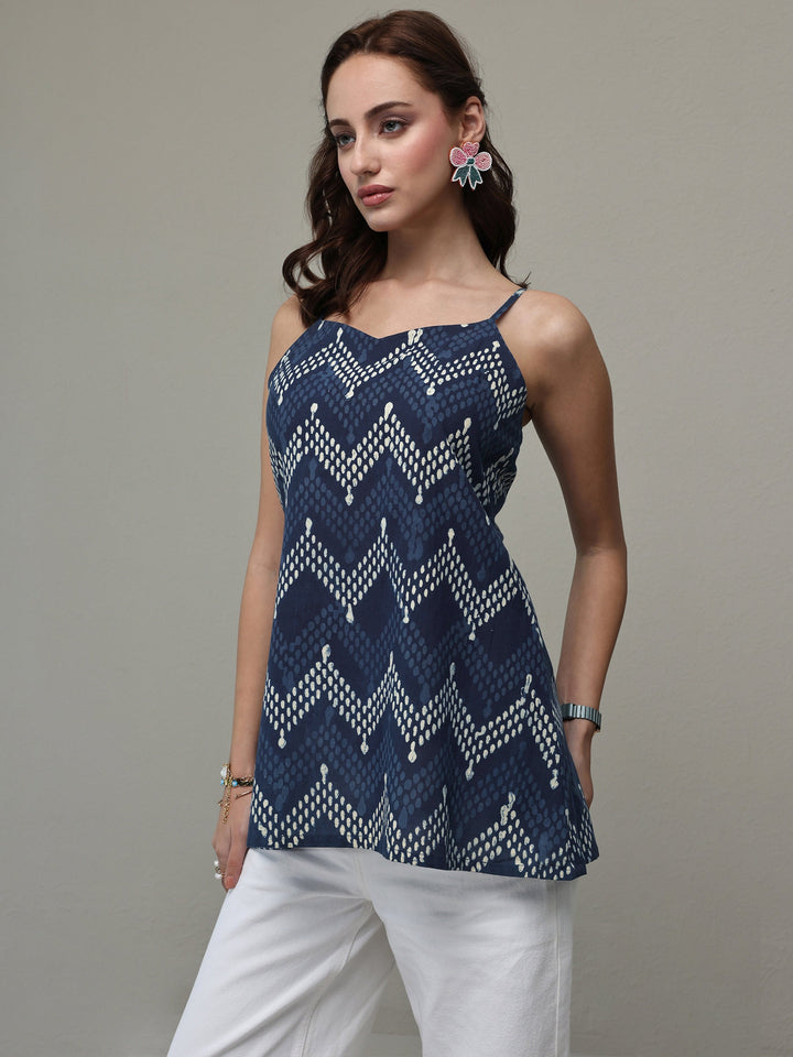 Blue Chevron Printed Cotton A-Line Short Kurti