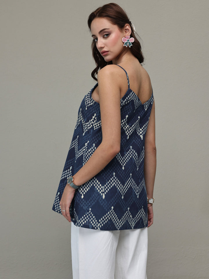 Blue Chevron Printed Cotton A-Line Short Kurti