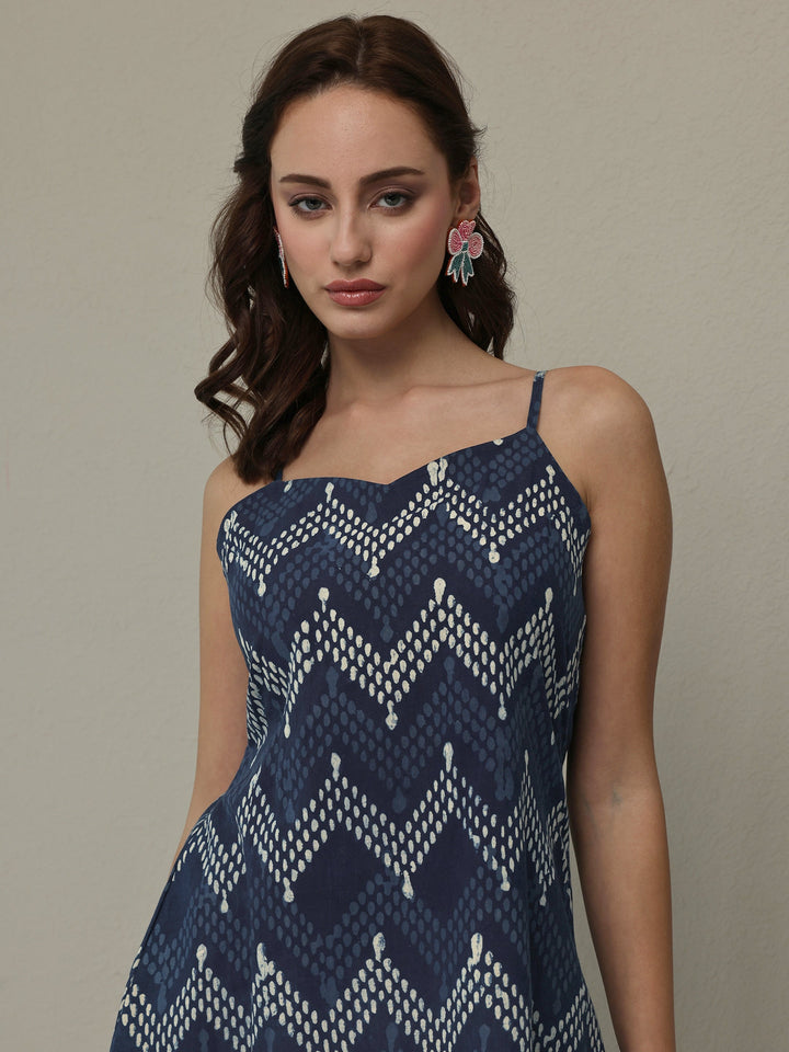 Blue Chevron Printed Cotton A-Line Short Kurti