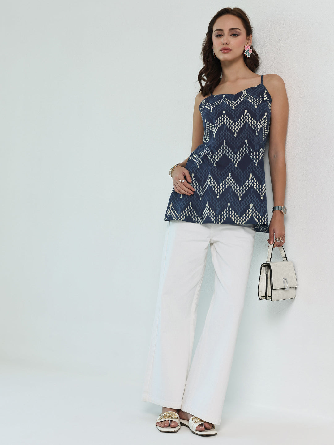 Blue Chevron Printed Cotton A-Line Short Kurti