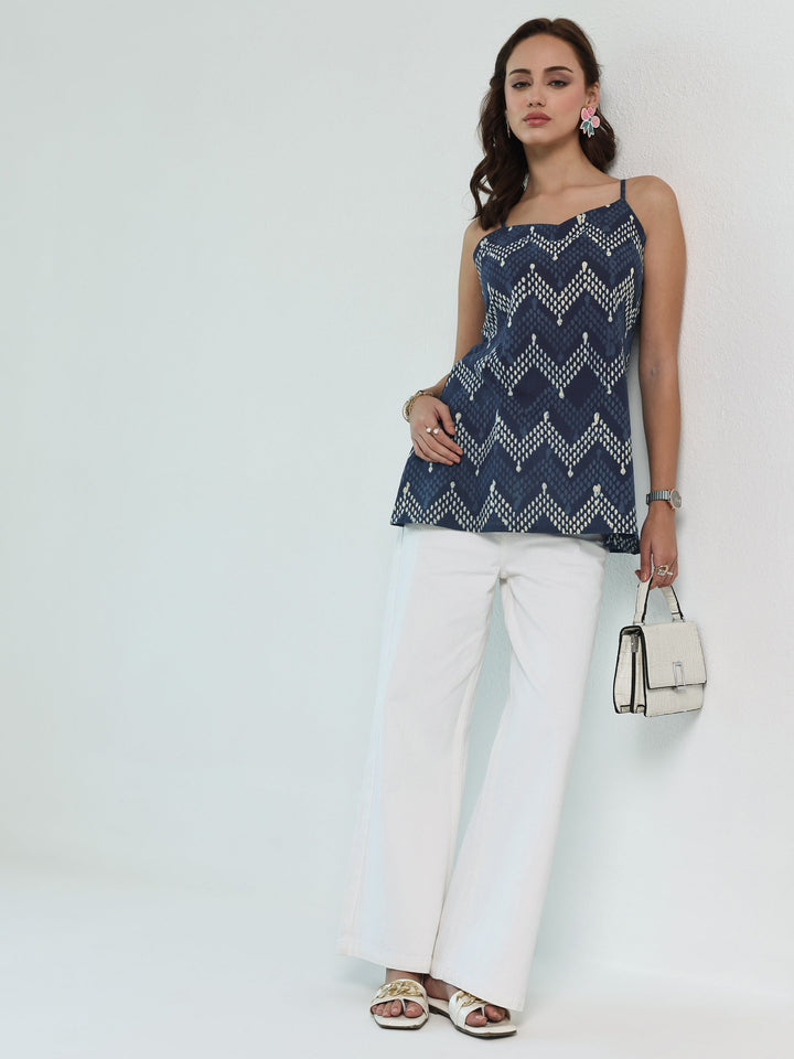 Blue Chevron Printed Cotton A-Line Short Kurti