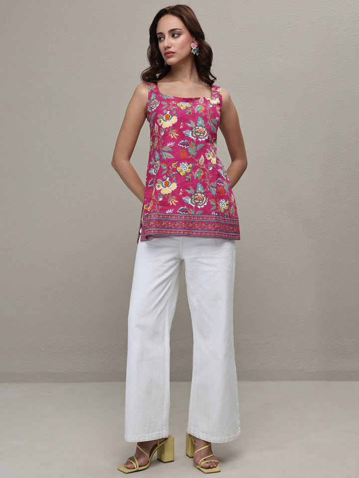 Pink Floral Printed Cotton A-Line Short Kurti