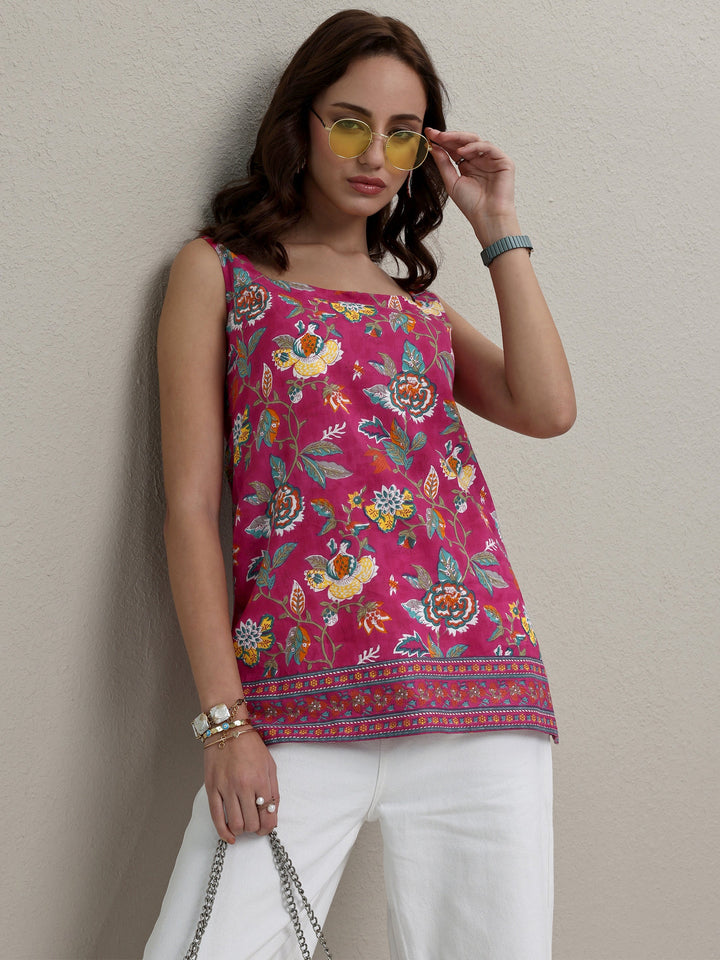 Pink Floral Printed Cotton A-Line Short Kurti