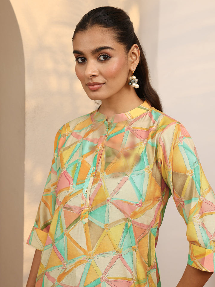 Multicolor Geometric Printed Silk Blend Straight Short Kurti