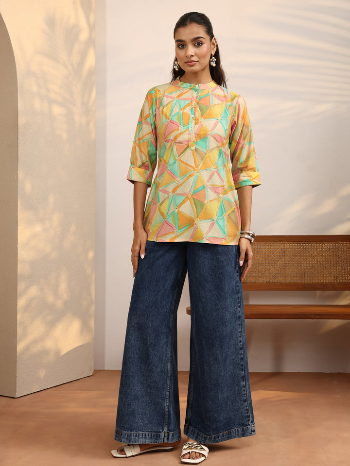 Multicolor Geometric Printed Silk Blend Straight Short Kurti