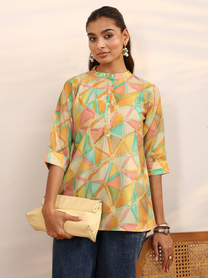 Multicolor Geometric Printed Silk Blend Straight Short Kurti