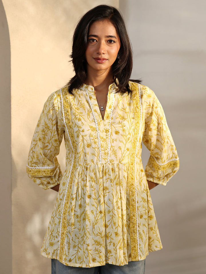Yellow Printed Cotton A-Line Short Kurti