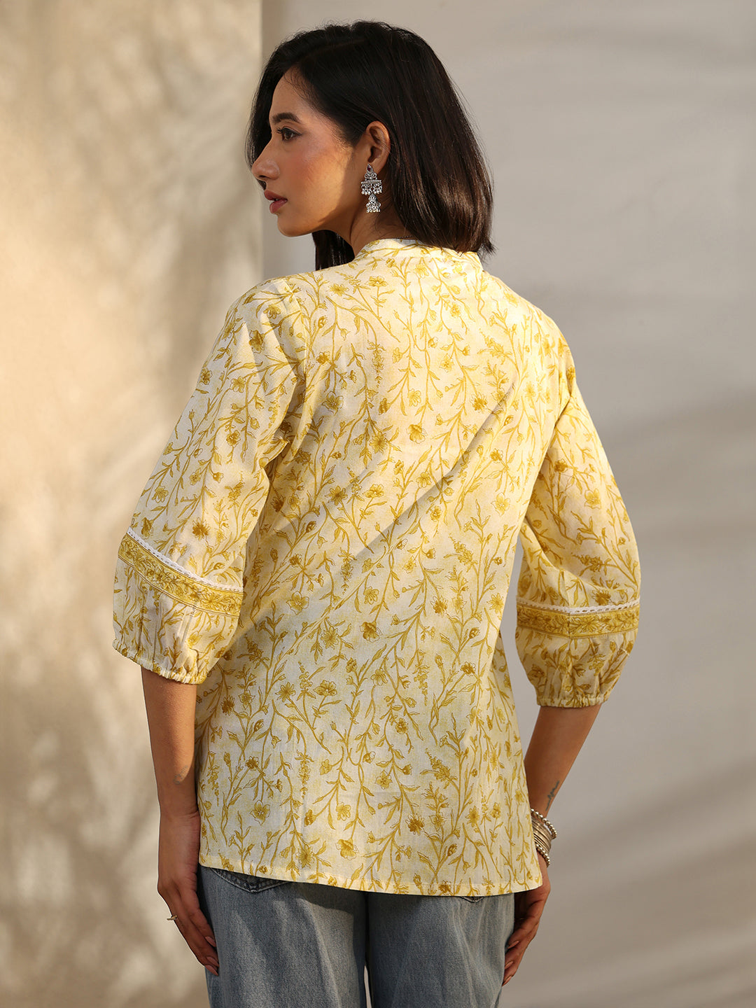 Yellow Printed Cotton A-Line Short Kurti