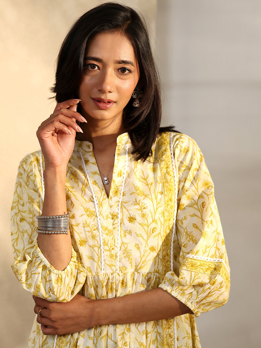 Yellow Printed Cotton A-Line Short Kurti