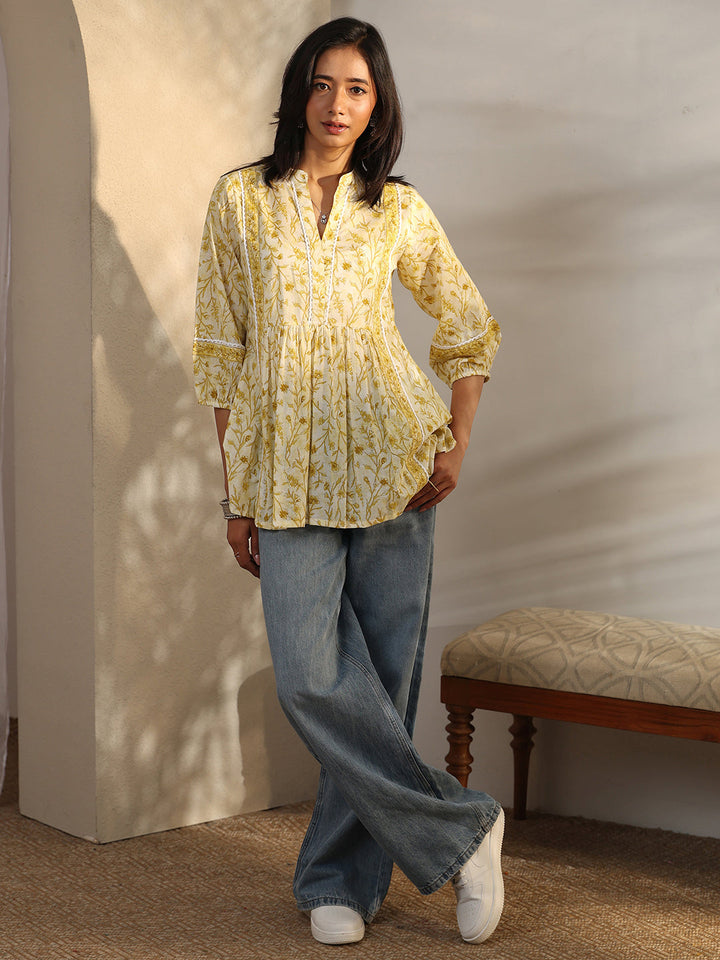 Yellow Printed Cotton A-Line Short Kurti