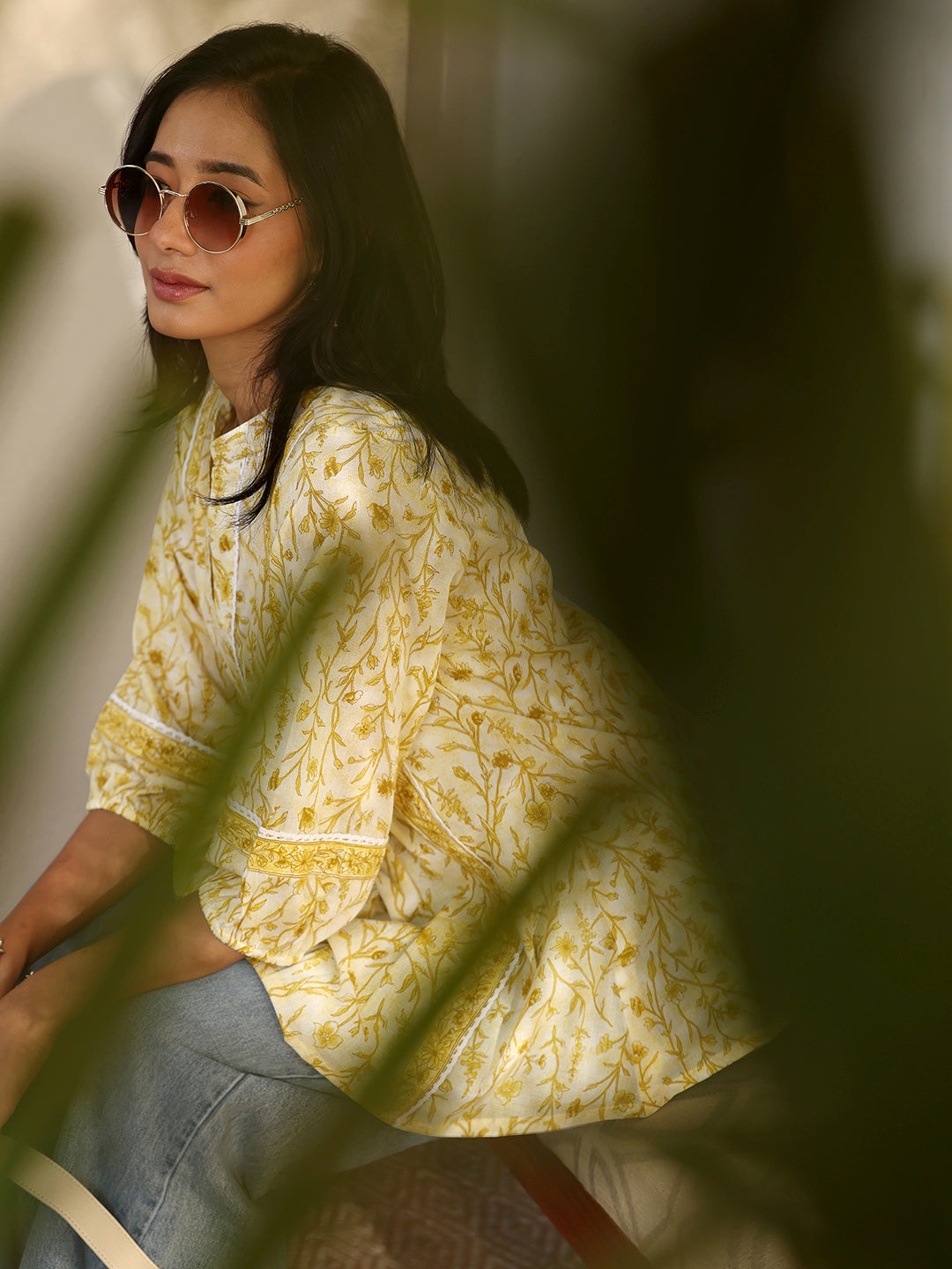 Yellow Printed Cotton A-Line Short Kurti