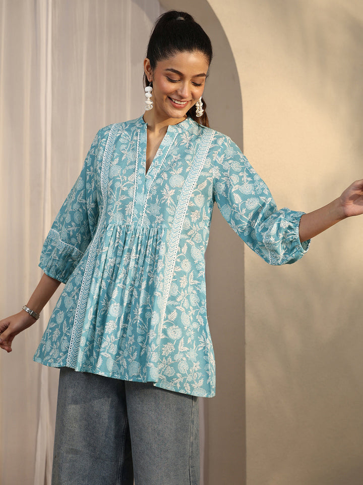 Blue Printed Cotton A-Line Short Kurti