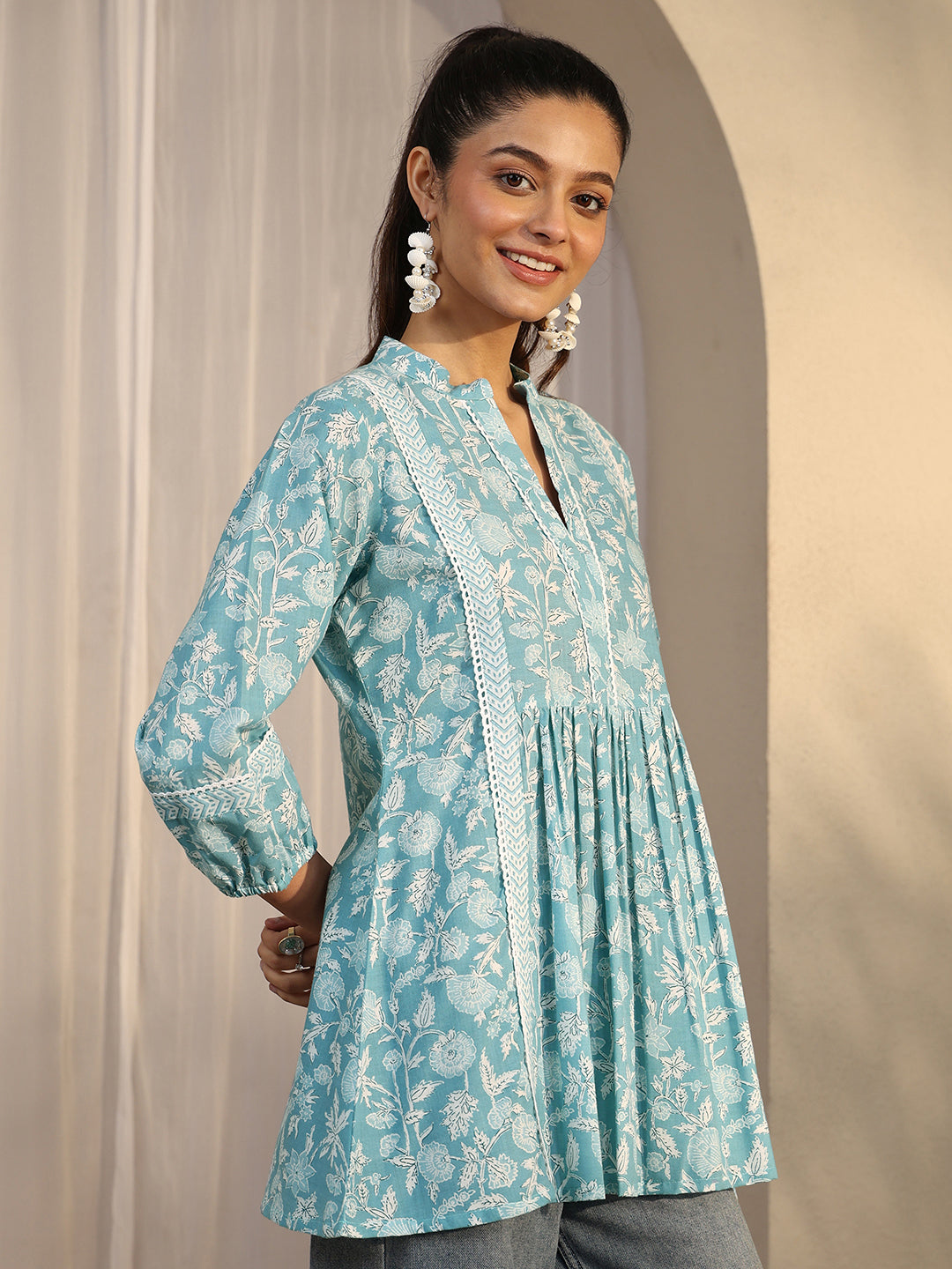 Blue Printed Cotton A-Line Short Kurti