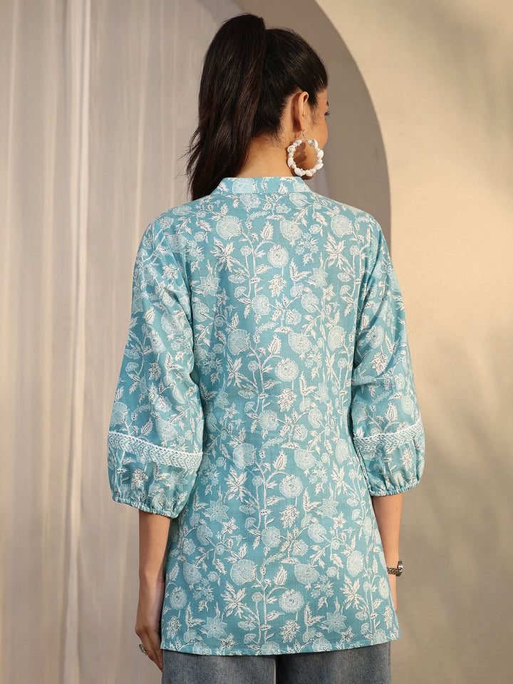 Blue Printed Cotton A-Line Short Kurti