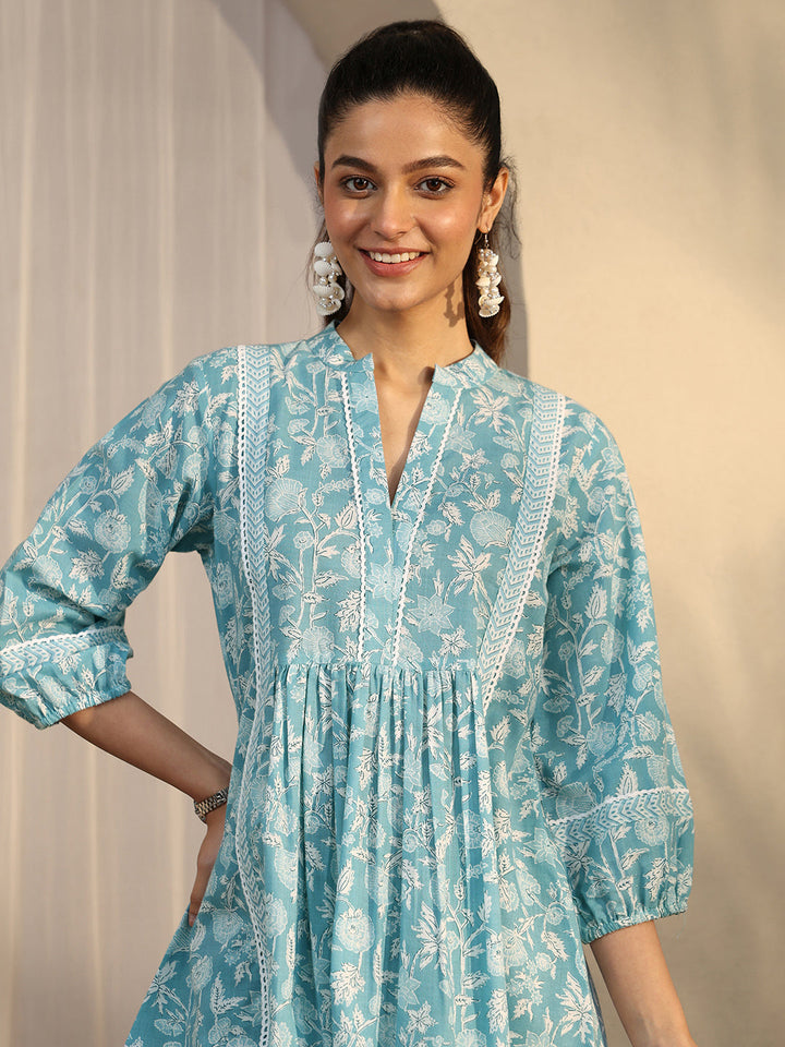 Blue Printed Cotton A-Line Short Kurti