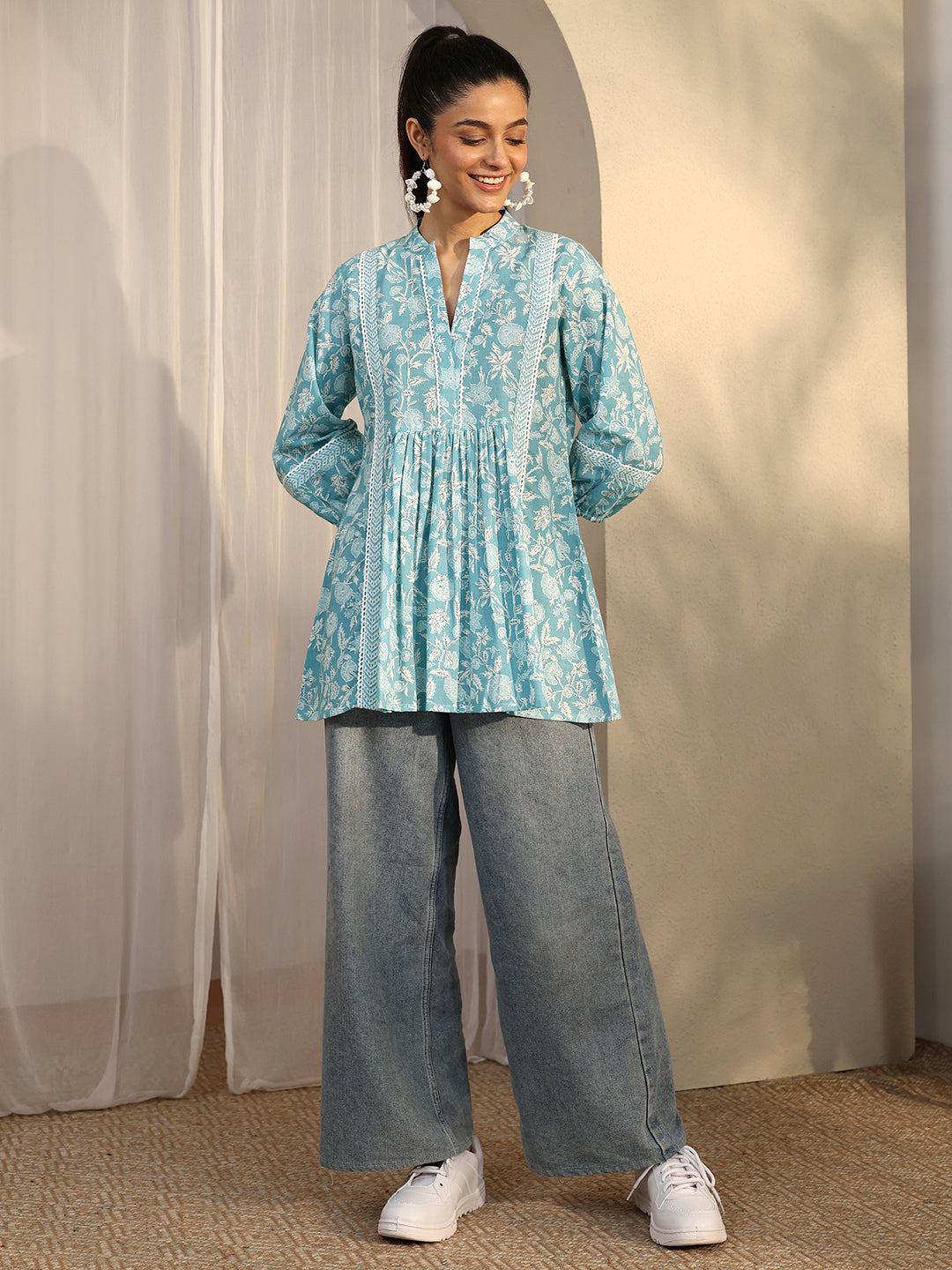 Blue Printed Cotton A-Line Short Kurti