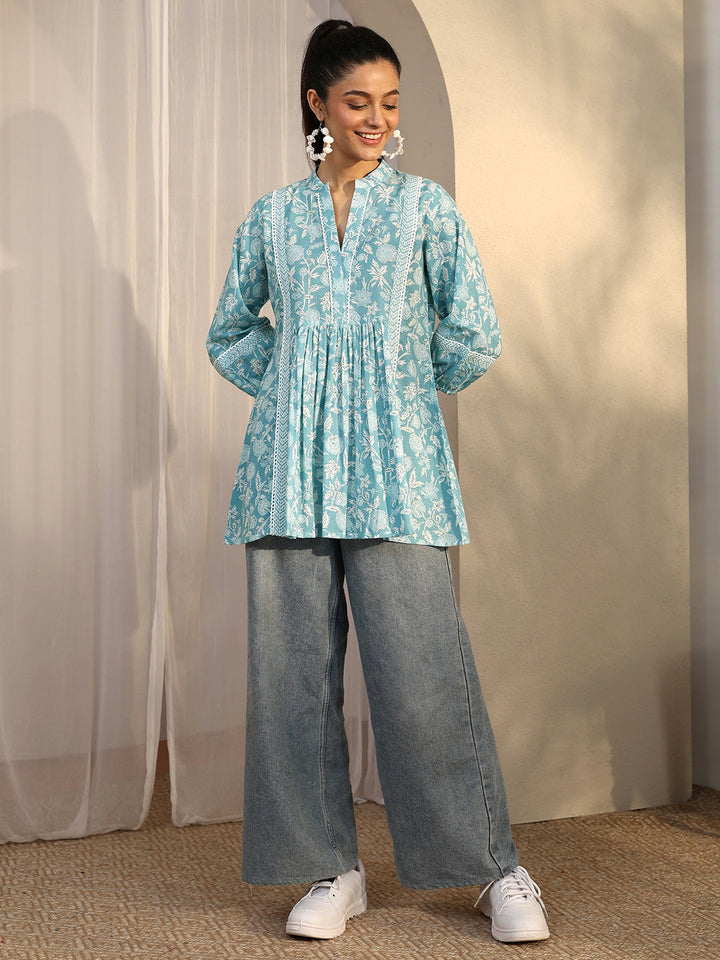 Blue Printed Cotton A-Line Short Kurti