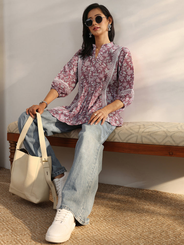 Mauve Printed Cotton A-Line Short Kurti