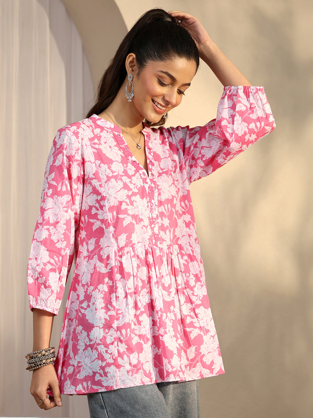 Pink Printed Cotton A-Line Short Kurti