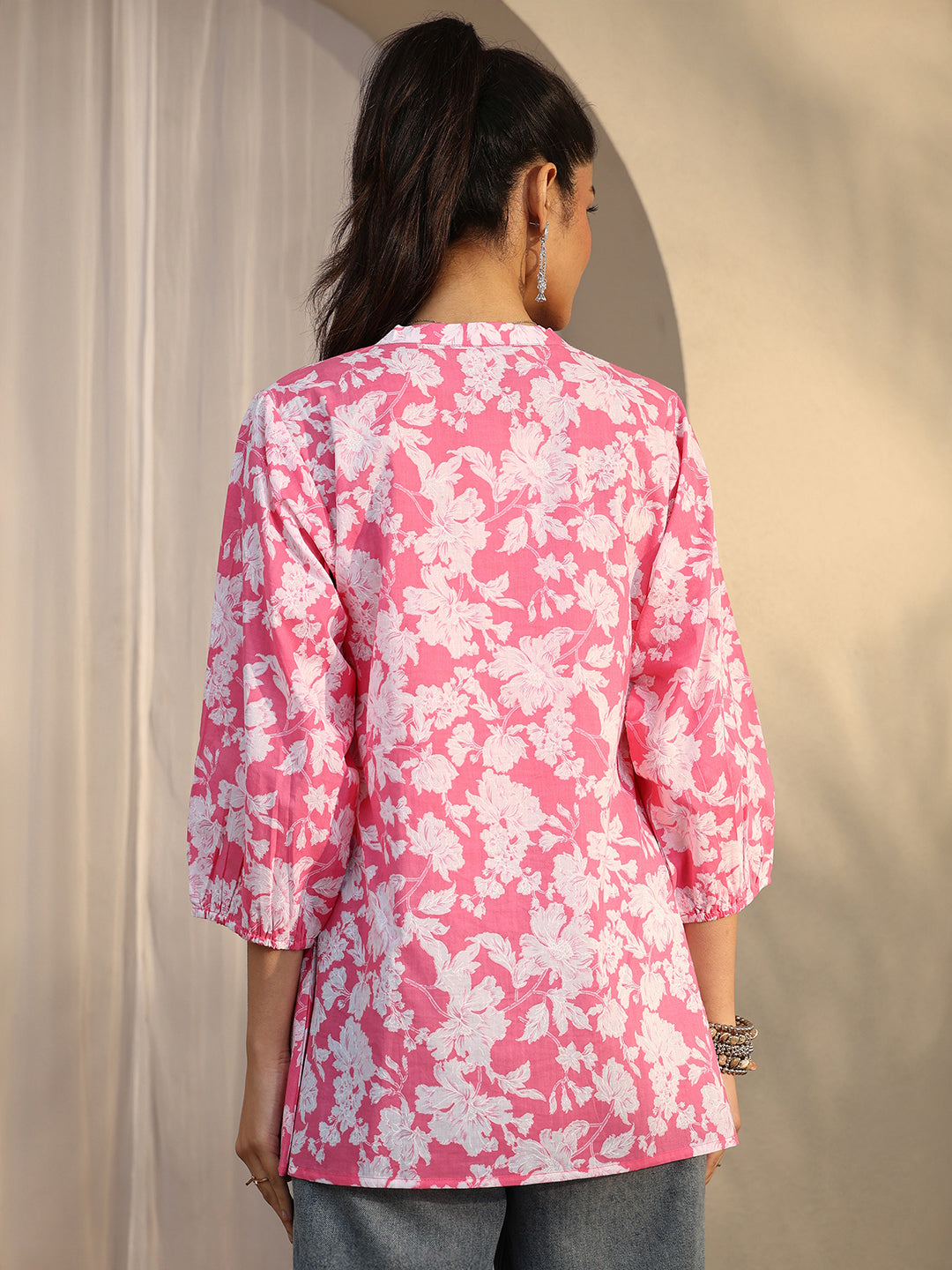 Pink Printed Cotton A-Line Short Kurti