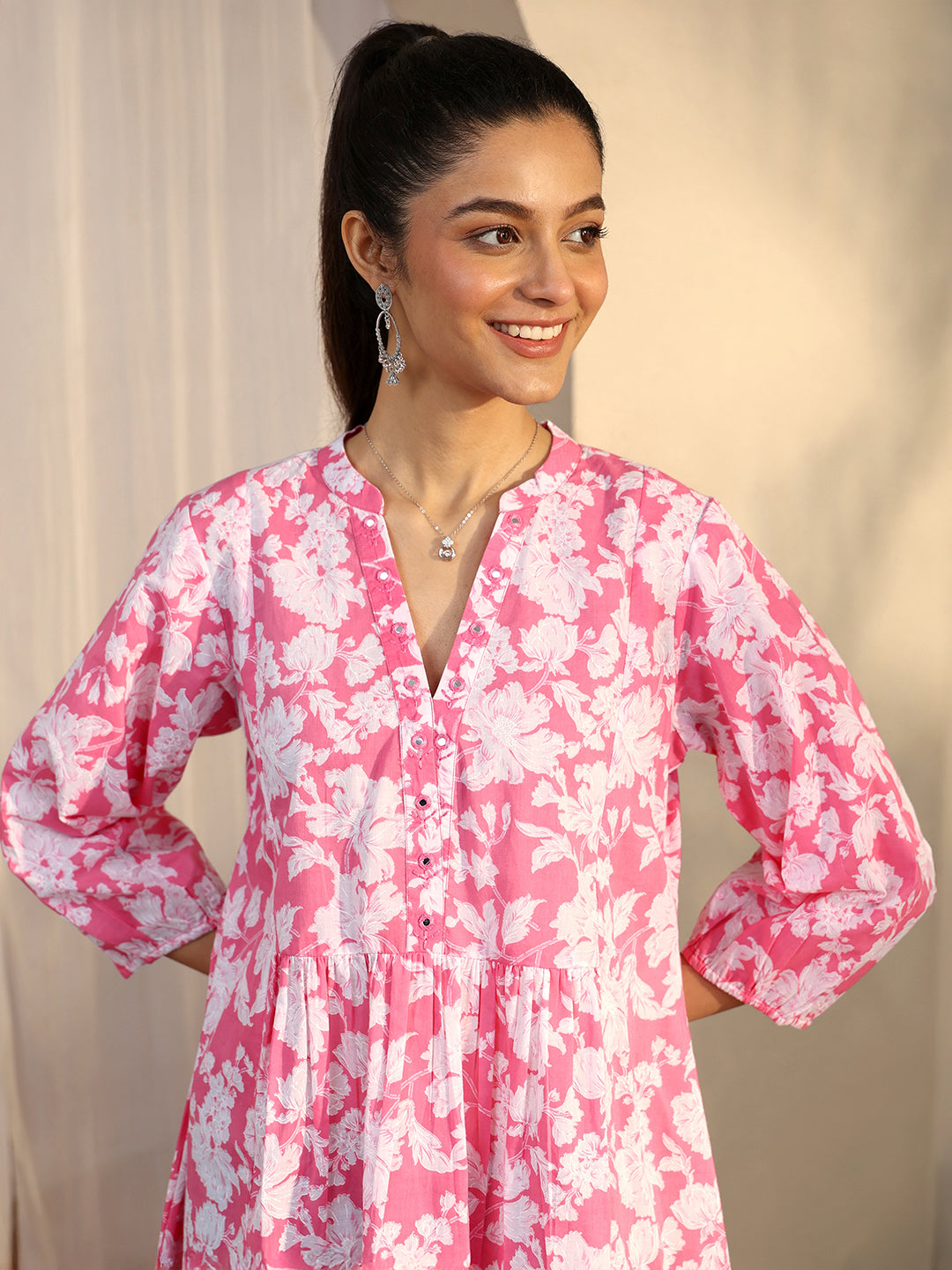 Pink Printed Cotton A-Line Short Kurti