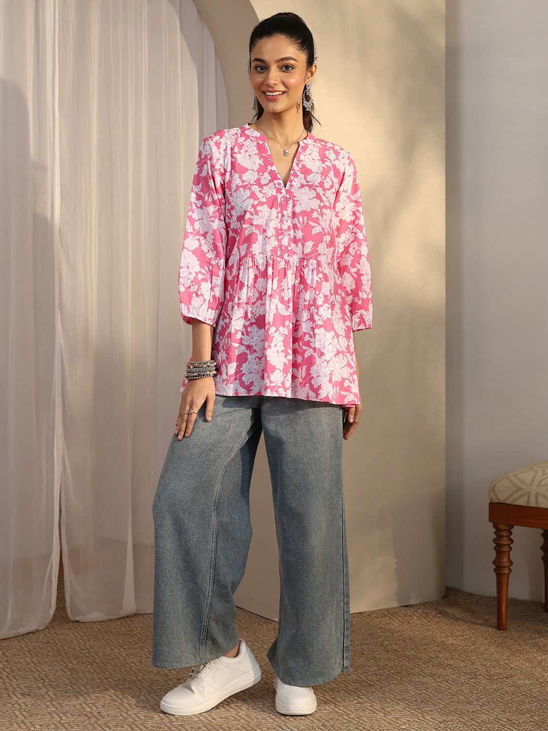 Pink Printed Cotton A-Line Short Kurti